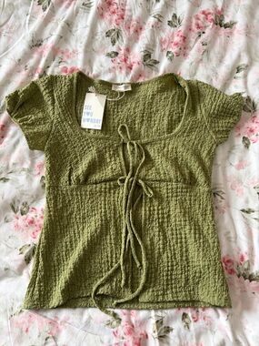 Olive Green Tie-Front Short Sleeve Top